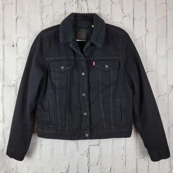 Levis solid black ex boyfriend button front sherpa jean trucker jacket