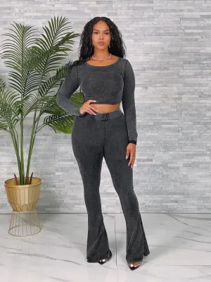 LF24555- WASHED CROP TOP & FLARE PANTS SET