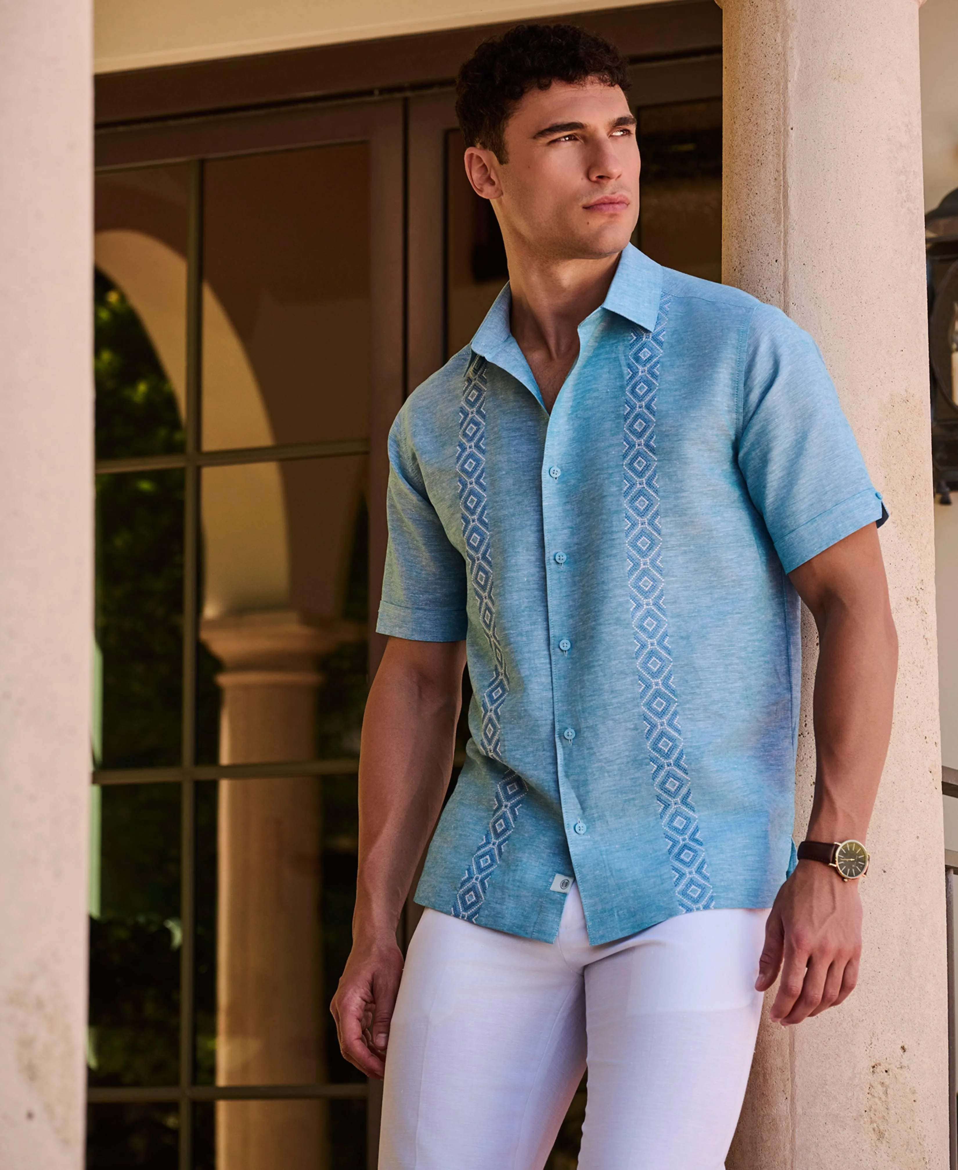Linen Blend Argyle Embroidered Chambray Shirt