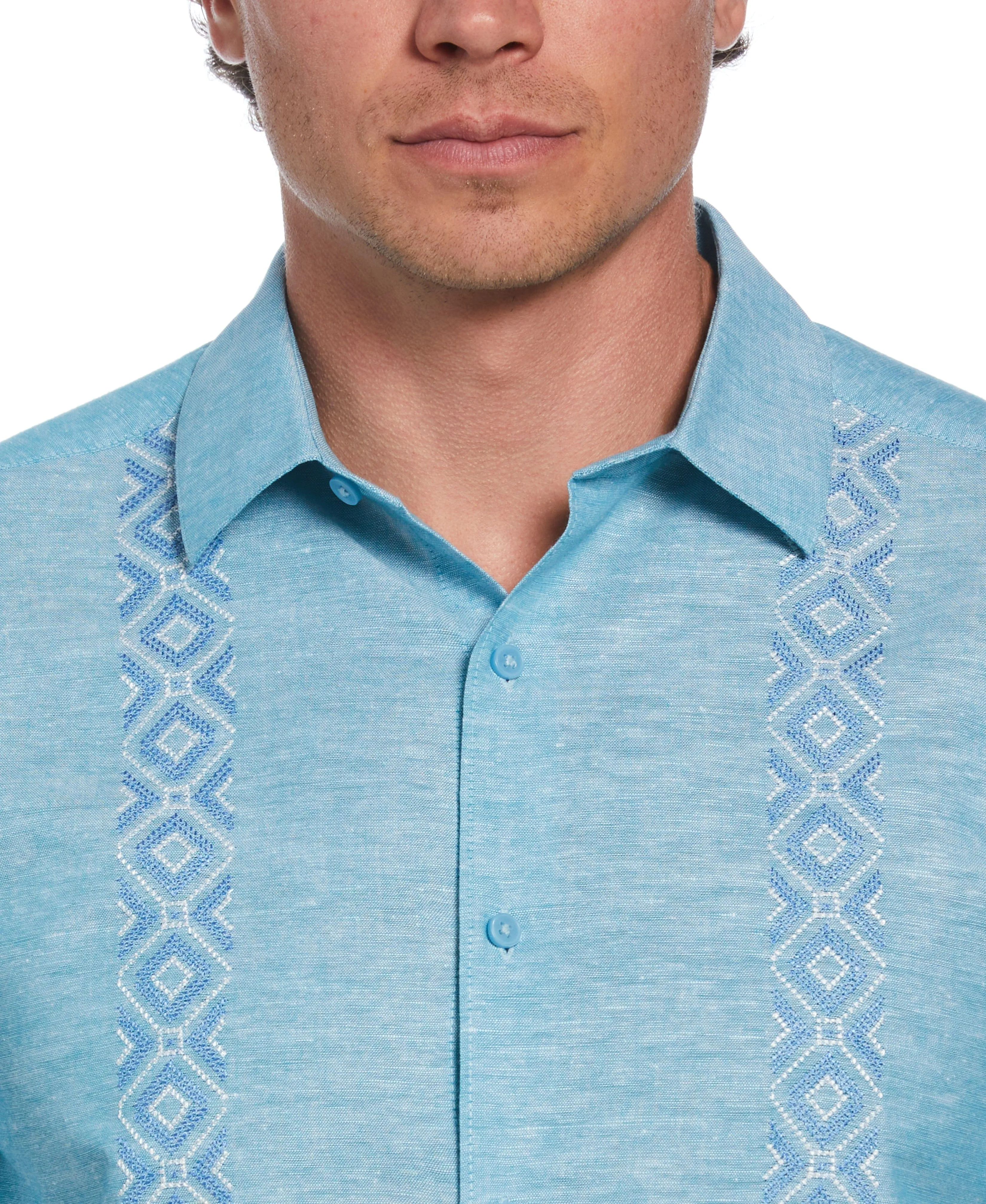 Linen Blend Argyle Embroidered Chambray Shirt