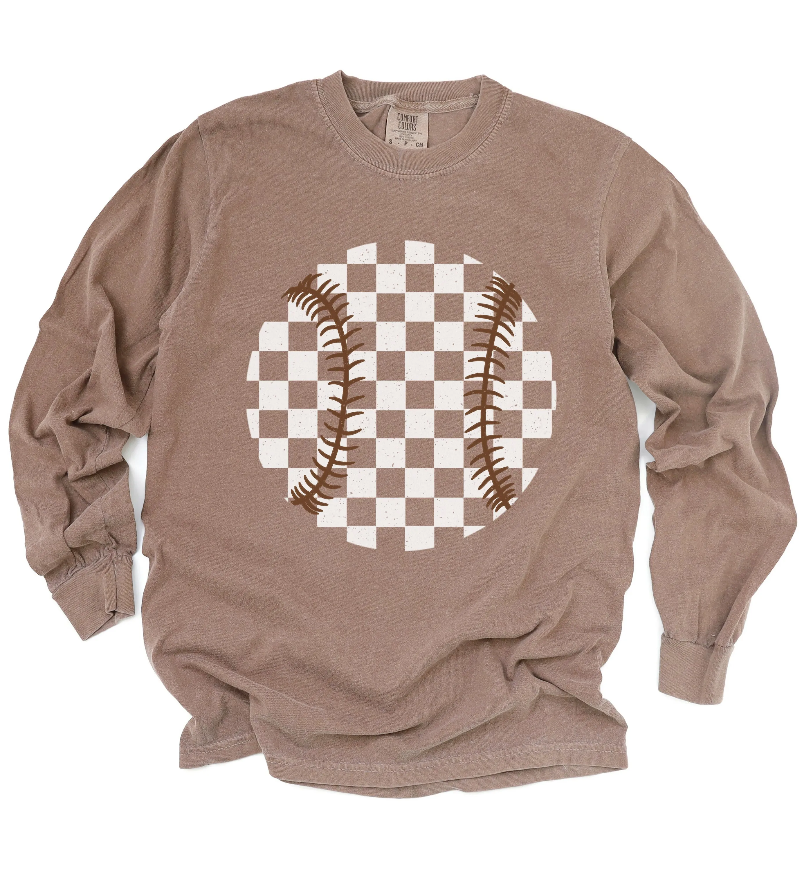 Long Sleeve Comfort Colors Checkered Espresso Baseball Tee/ Quality Retro Tee