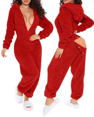 Long Sleeve Hooded Trousers Plush Homewear Pajamas Jumpsuit