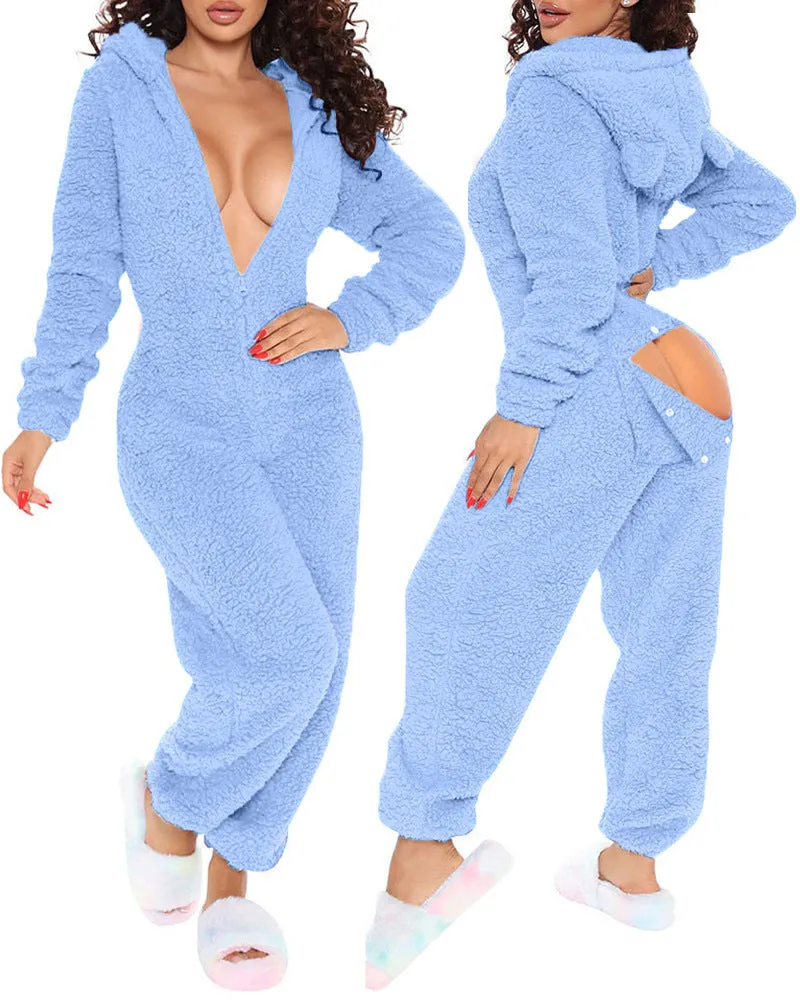 Long Sleeve Hooded Trousers Plush Homewear Pajamas Jumpsuit