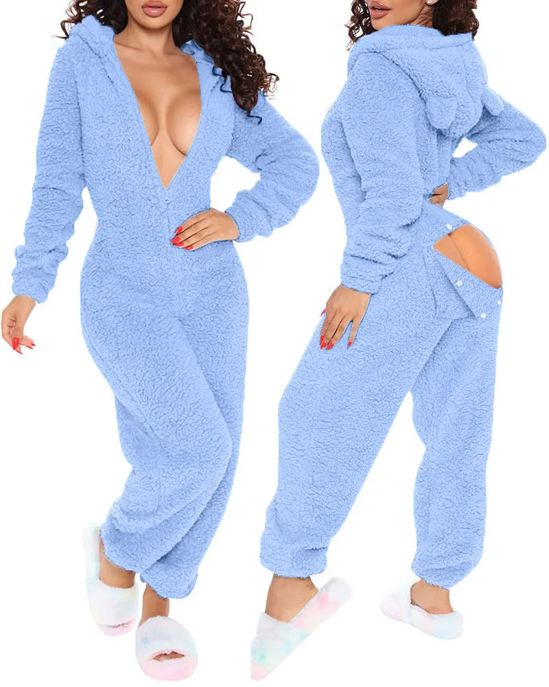 Long Sleeve Hooded Trousers Plush Homewear Pajamas Jumpsuit