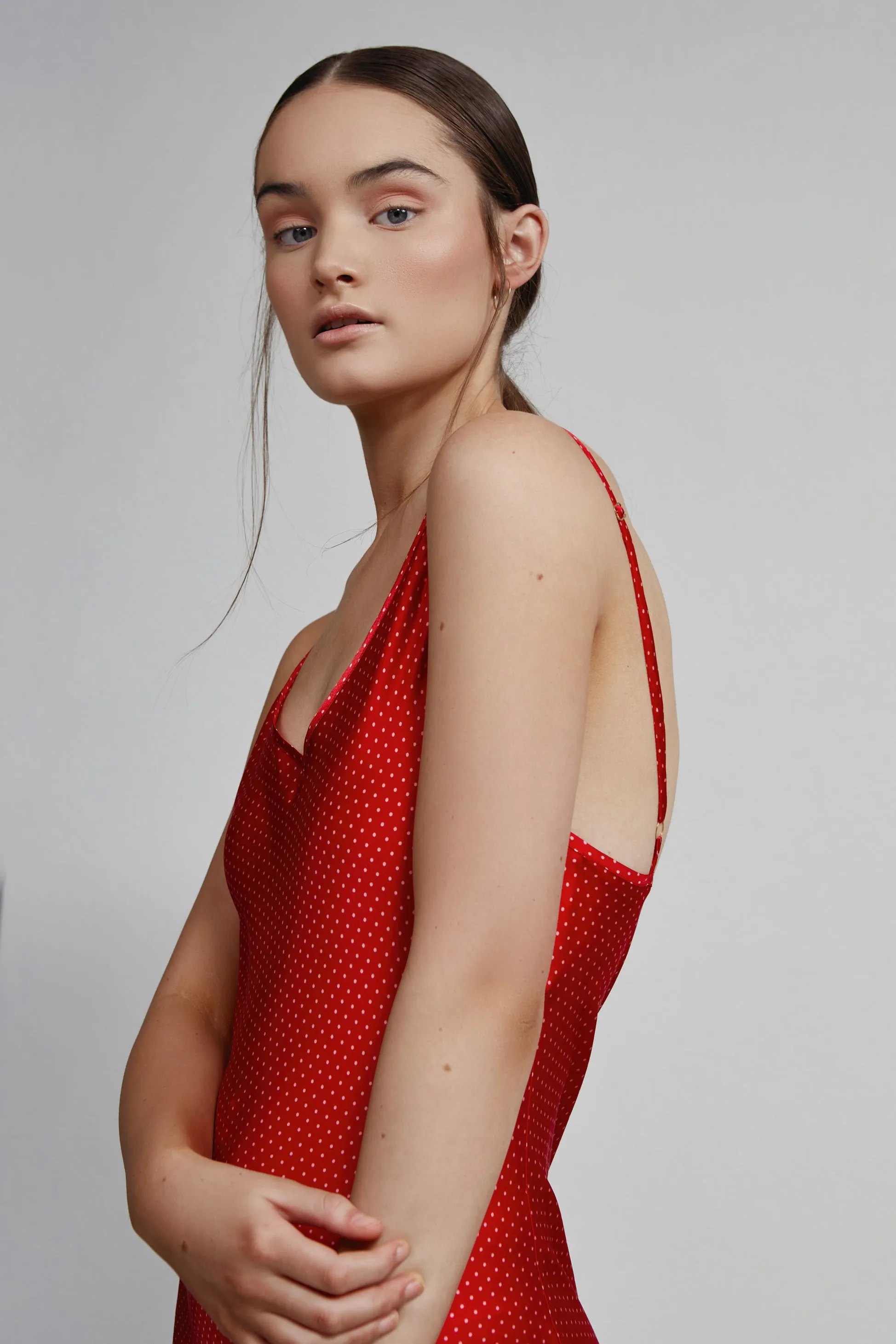 long v neck slip dress, ruby dot