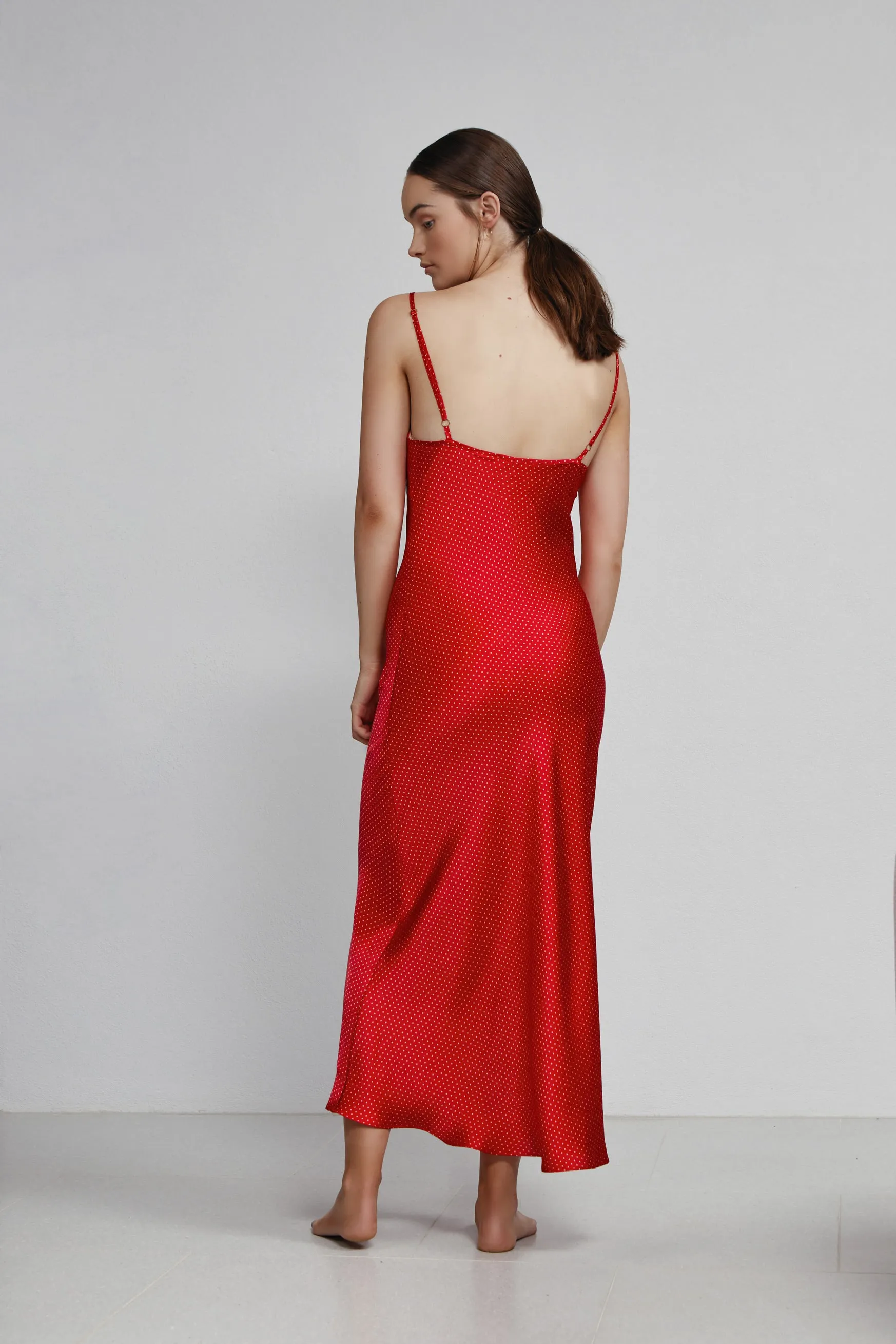 long v neck slip dress, ruby dot