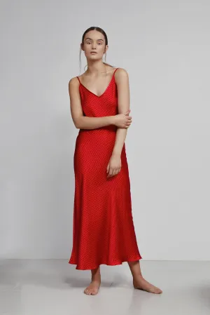 long v neck slip dress, ruby dot