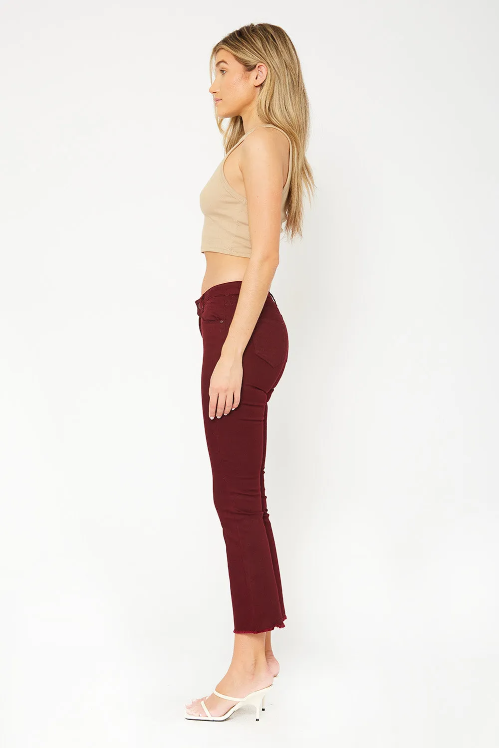 Low-rise burgundy skinny flare pants