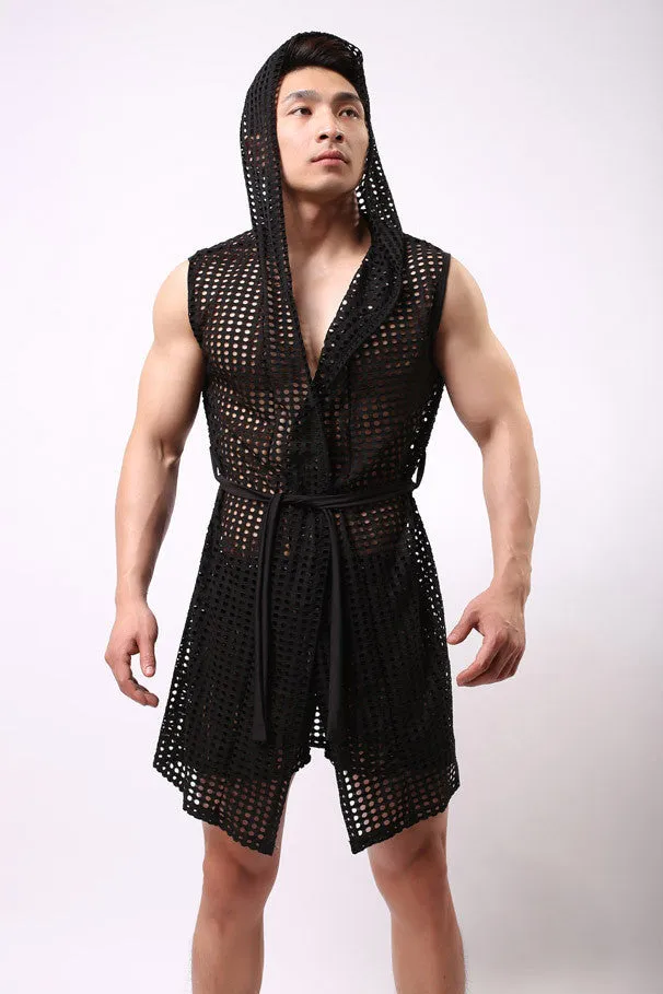 men robe bathrobe brand sexy men pajamas long mens sleepwear sheer mesh gay wear men sleep lounge kimono for man