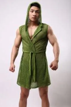 men robe bathrobe brand sexy men pajamas long mens sleepwear sheer mesh gay wear men sleep lounge kimono for man