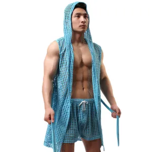 men robe bathrobe brand sexy men pajamas long mens sleepwear sheer mesh gay wear men sleep lounge kimono for man