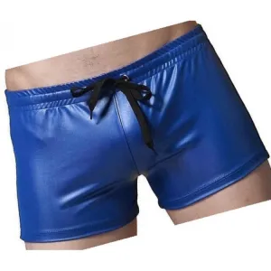 Men Sexy Hot Real Sheepskin Blue Leather Shorts