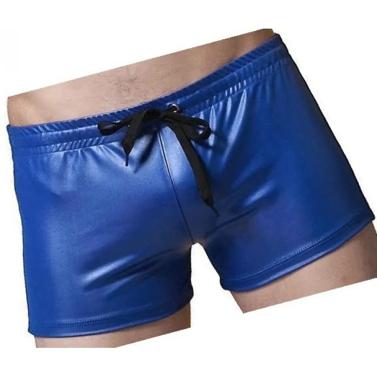 Men Sexy Hot Real Sheepskin Blue Leather Shorts