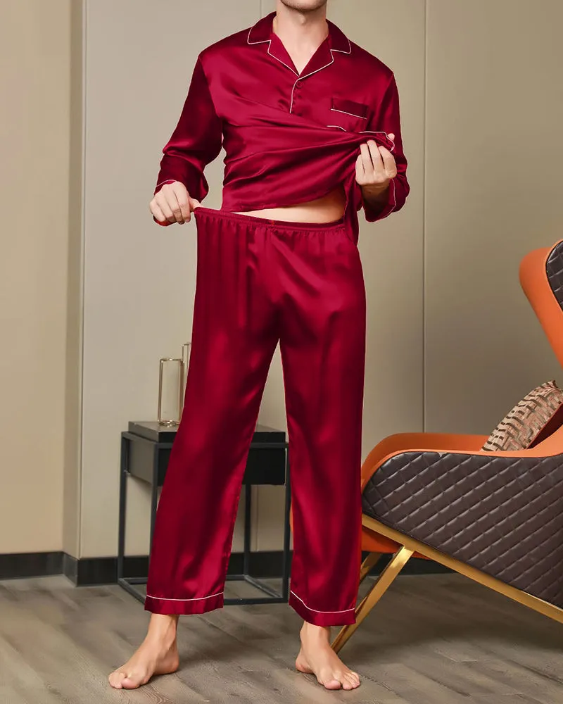 Men's 100% Luxurious Silk Lapel Pajamas 2Pcs