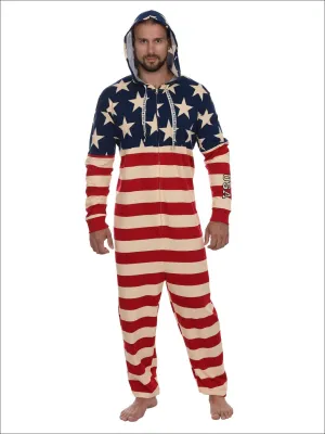Men's American Flag Hooded Union Suit USA Pajama Costume Onesie Pajama
