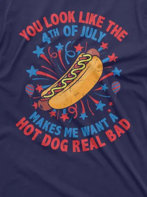 Men's Funny 4th of July Hot Dog T-shirt Fourth patriotic funny humorous text wiener hot dog tee