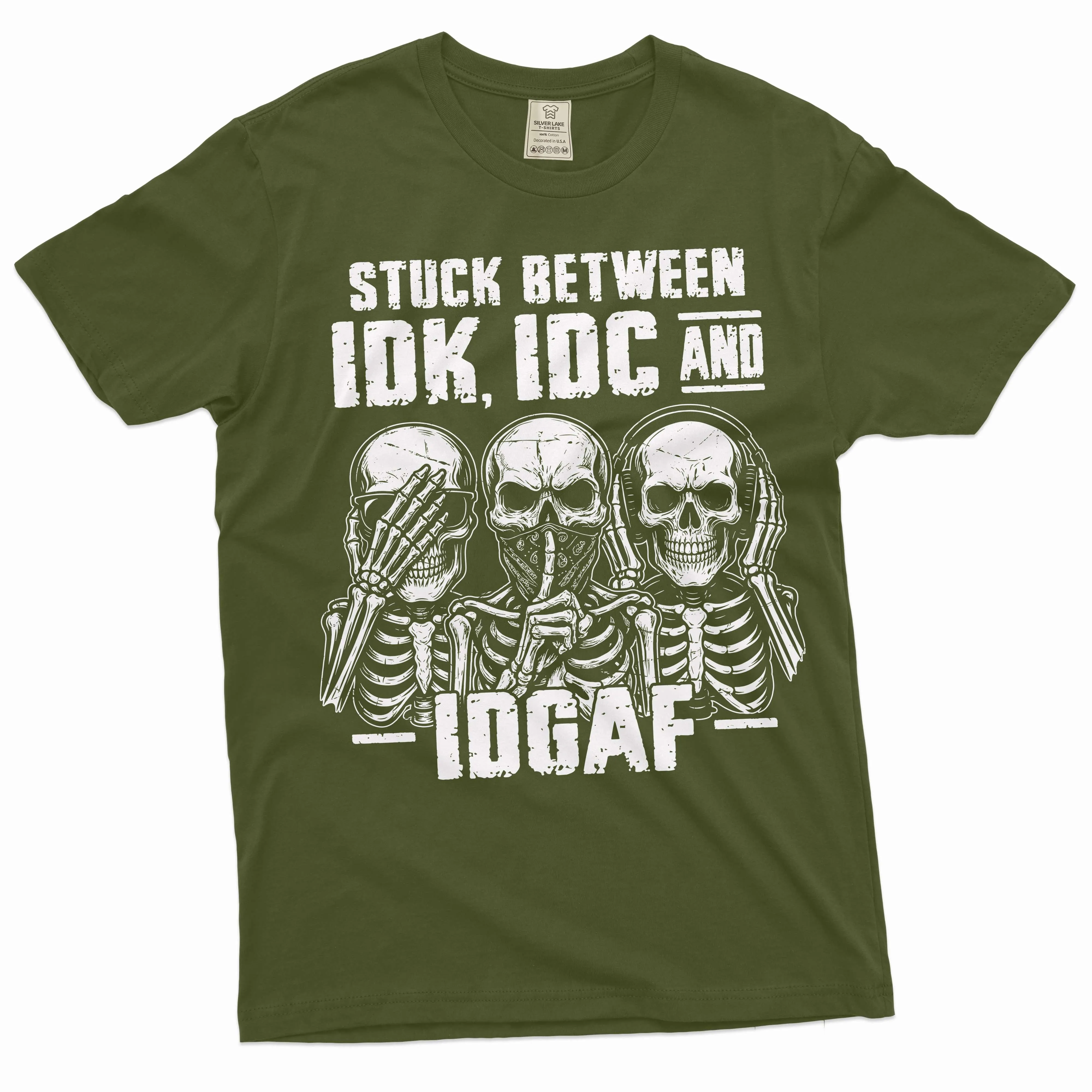Men's Funny T-shirt Skeleton Shirt Humorous Gift Idk Idc and Idgaf Shirt Sarcastic Tee Shirt