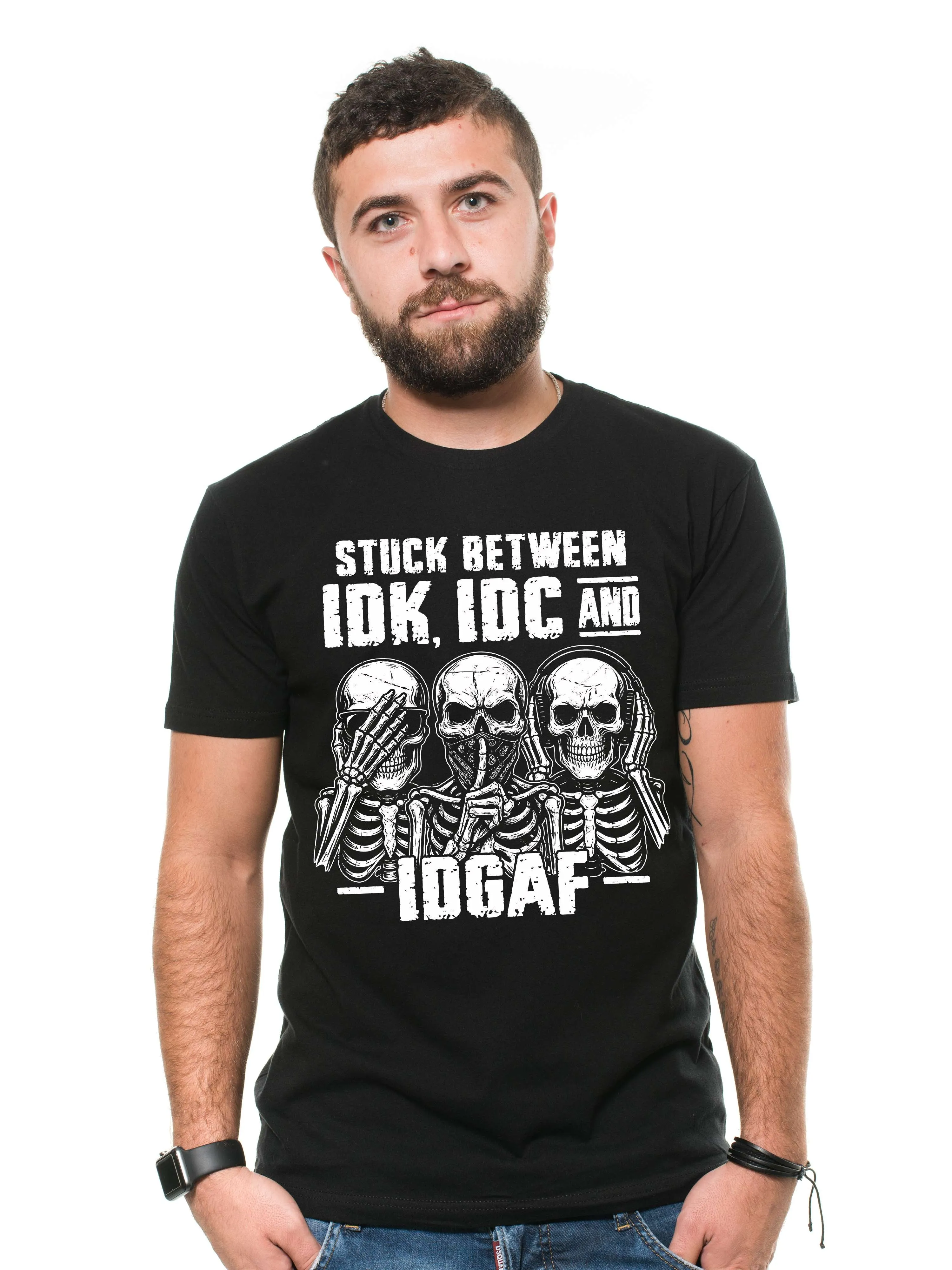 Men's Funny T-shirt Skeleton Shirt Humorous Gift Idk Idc and Idgaf Shirt Sarcastic Tee Shirt