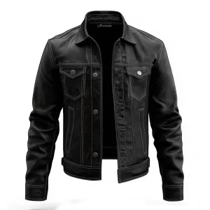 Mens Leather Trucker Jacket Flaps Slanted Pockets Denim Genuine Leather Jackets For Men