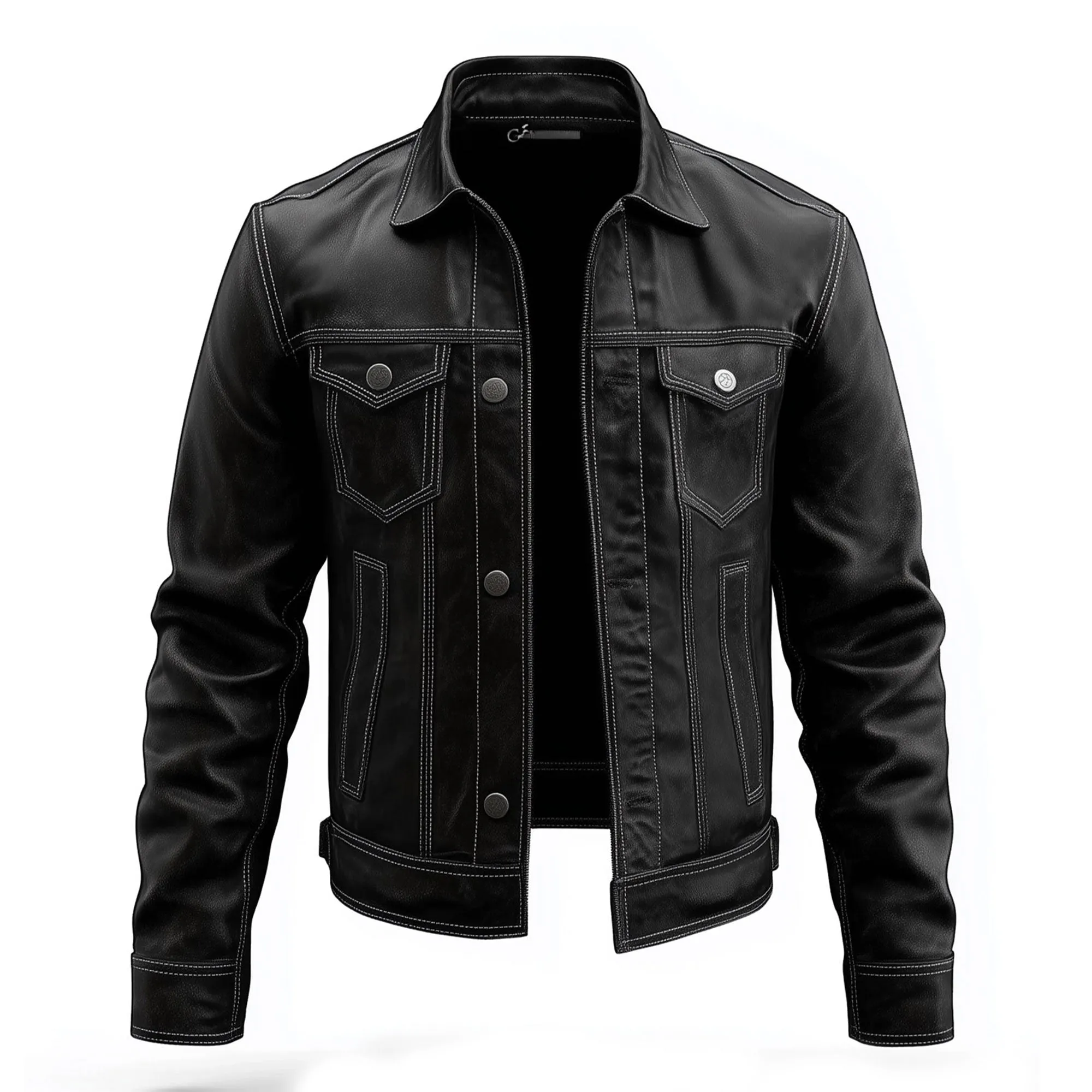 Mens Leather Trucker Jacket Flaps Slanted Pockets Denim Genuine Leather Jackets For Men