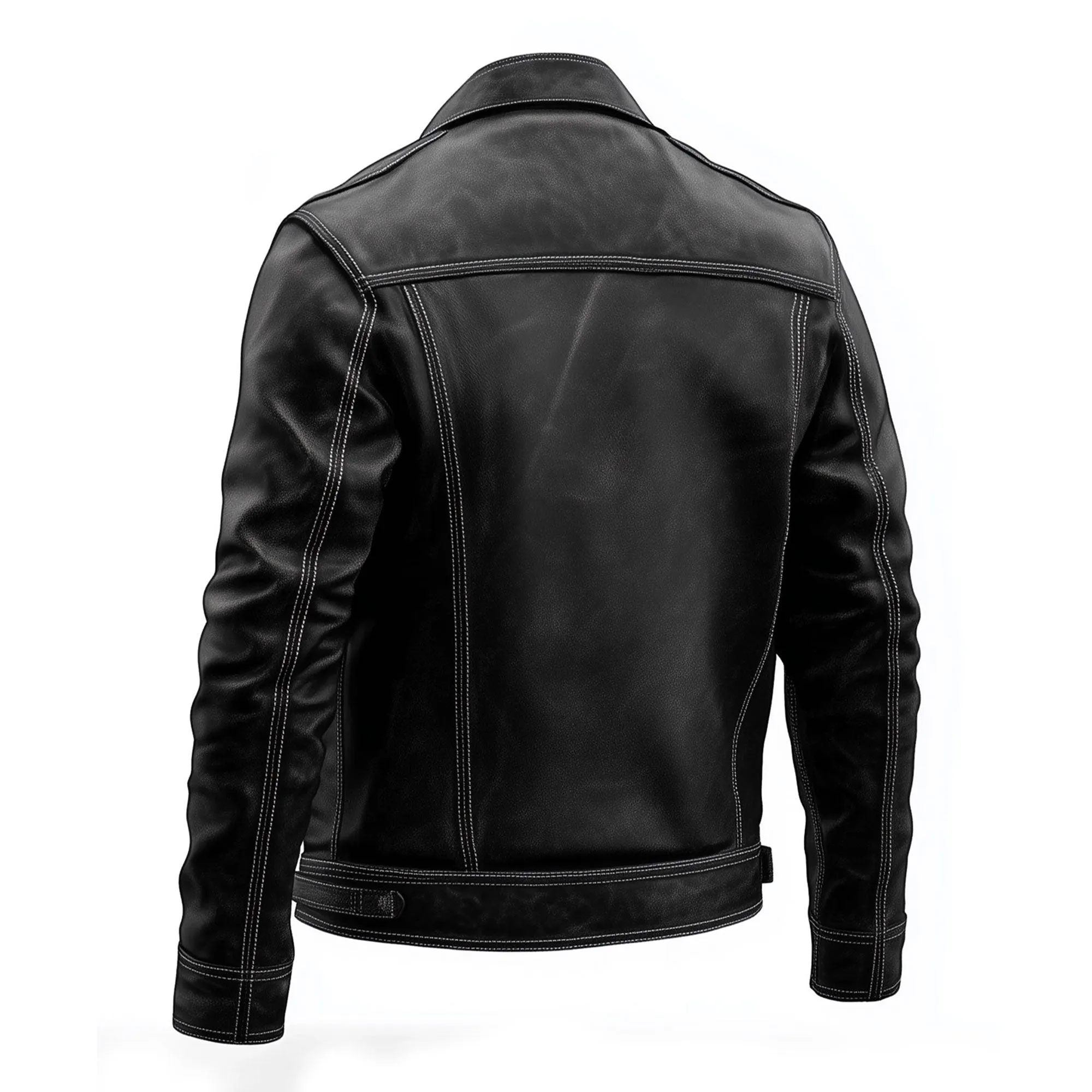 Mens Leather Trucker Jacket Flaps Slanted Pockets Denim Genuine Leather Jackets For Men