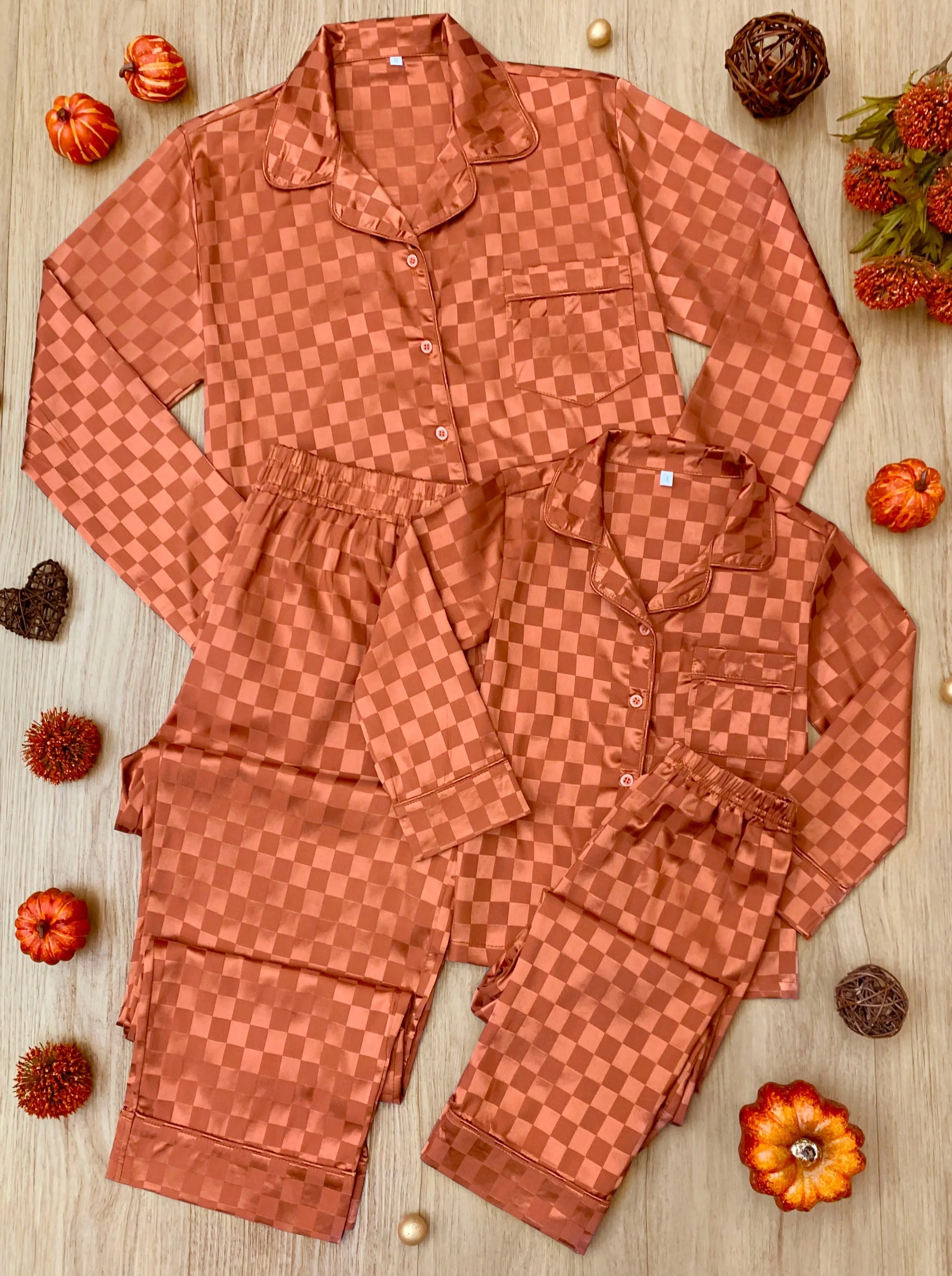 Mommy and Me Pumpkin Spice Checkered Silk Pajamas