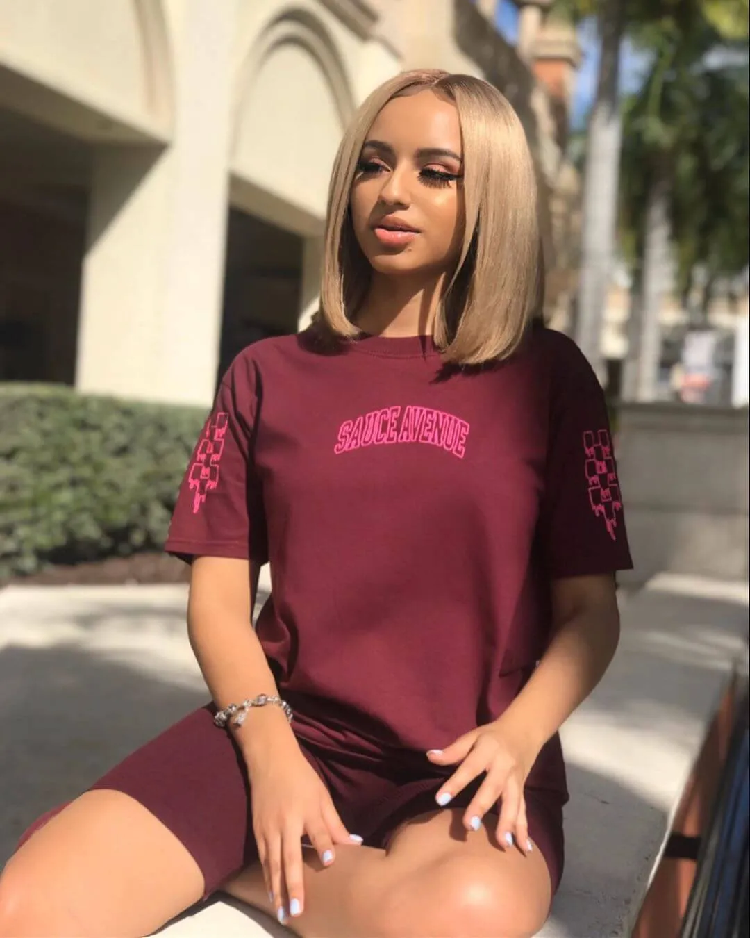 Neon Pink SA Outline Curve | Maroon Tee (Outline Checkered Drippin Sleeve)