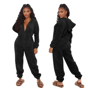 New Autumn And Winter Long Sleeve Hooded Casual Jumpsuit Trousers Plush Homewear Pajamas Cute Jumpsuit