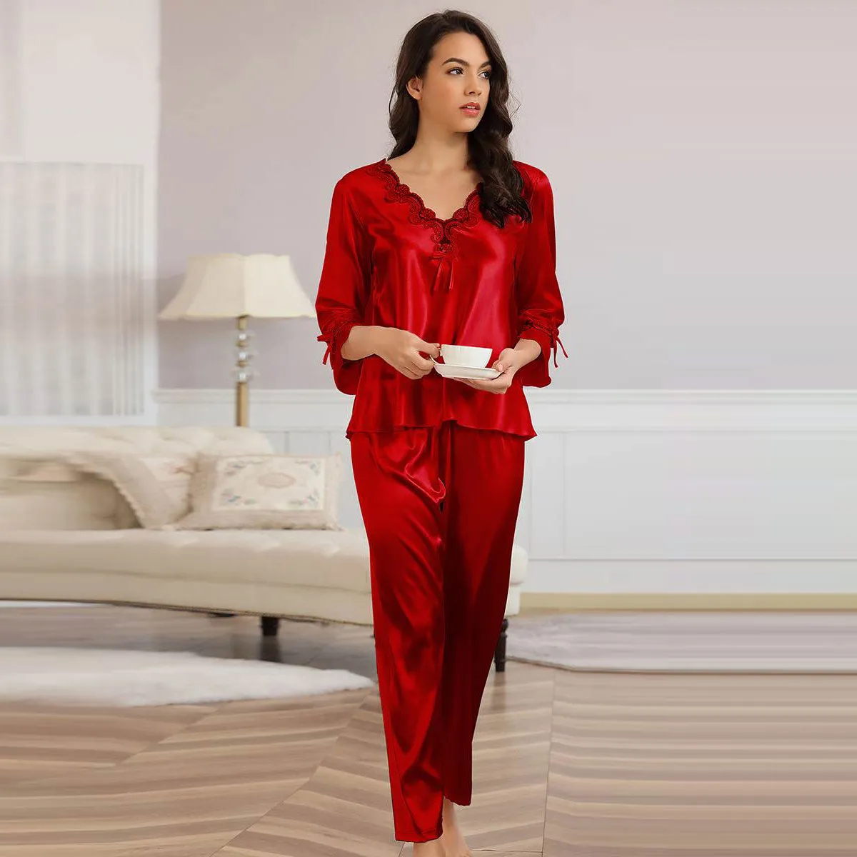 New High Quality Long Sleeve Silk Pajama Set Two Piece Set