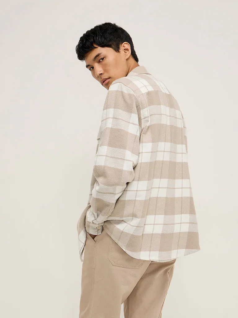 Nuon Beige Checks Design Relaxed-Fit Cotton Shirt