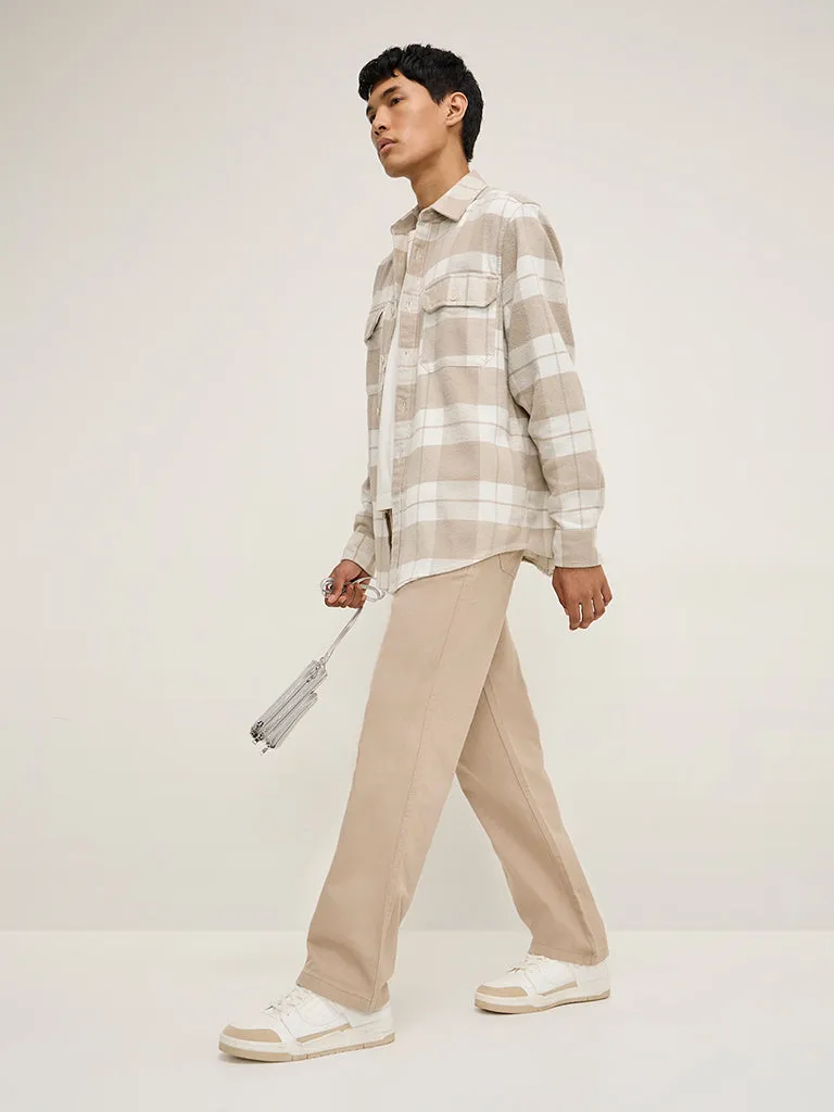Nuon Beige Checks Design Relaxed-Fit Cotton Shirt