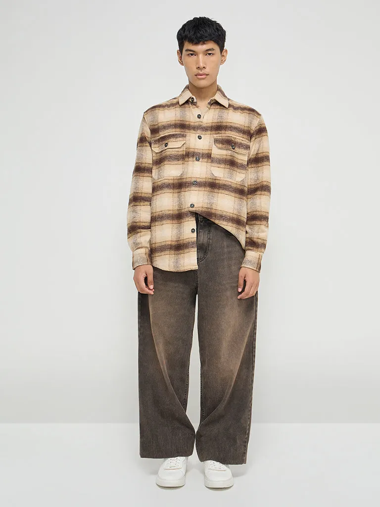 Nuon Brown Checkered Relaxed-Fit Cotton Shirt