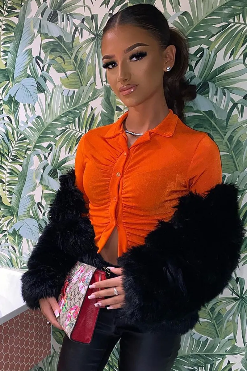 Orange Button Front Gathered Crop Top - Aayana