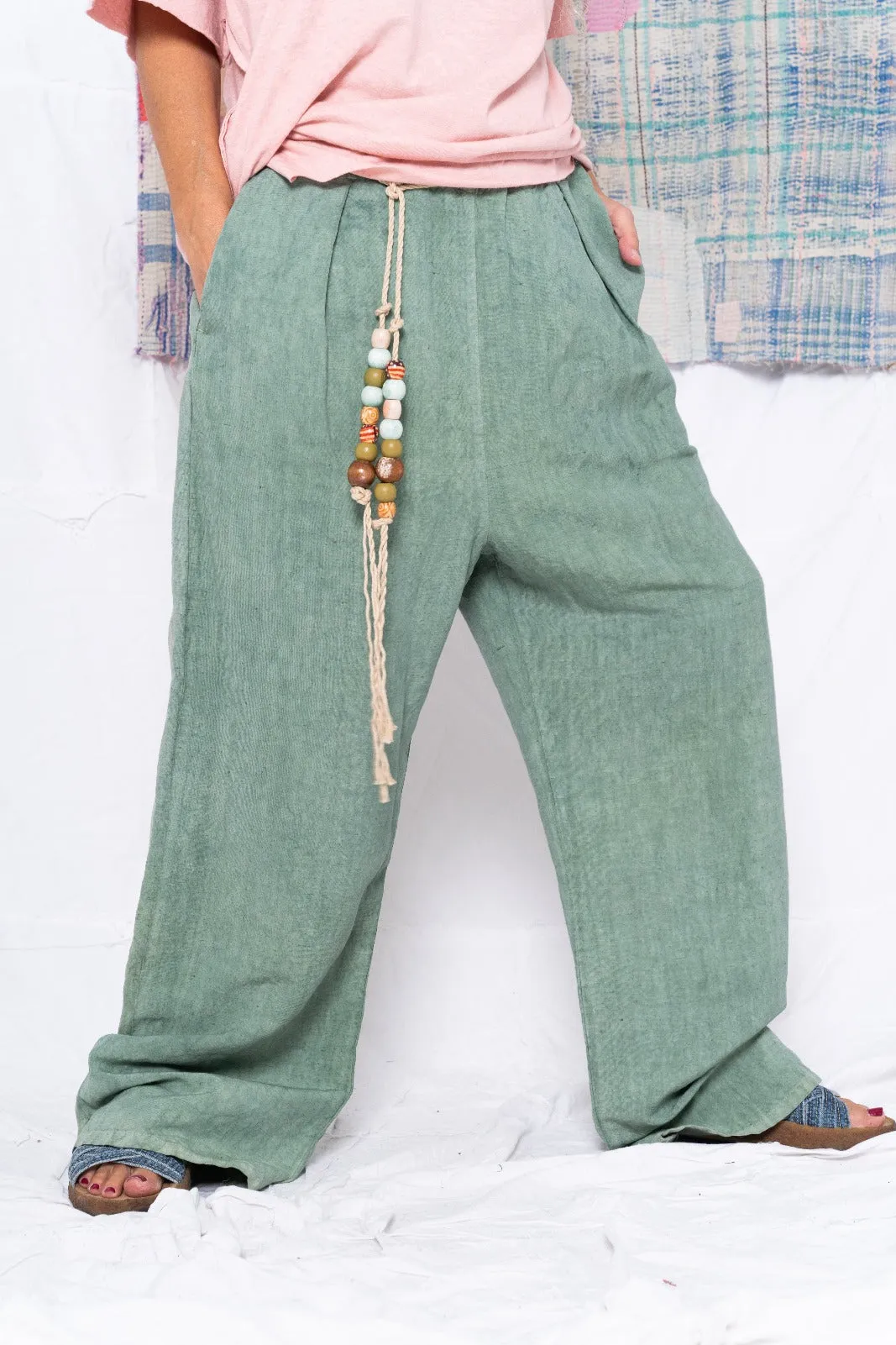 P73 Flare Pleated Wild Silk & Hemp Uneven Dye Sea Green