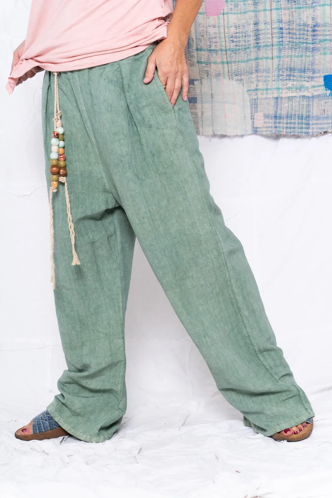P73 Flare Pleated Wild Silk & Hemp Uneven Dye Sea Green
