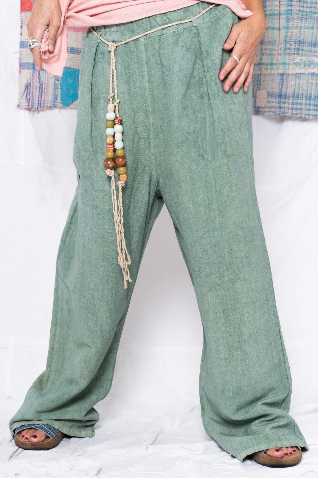P73 Flare Pleated Wild Silk & Hemp Uneven Dye Sea Green