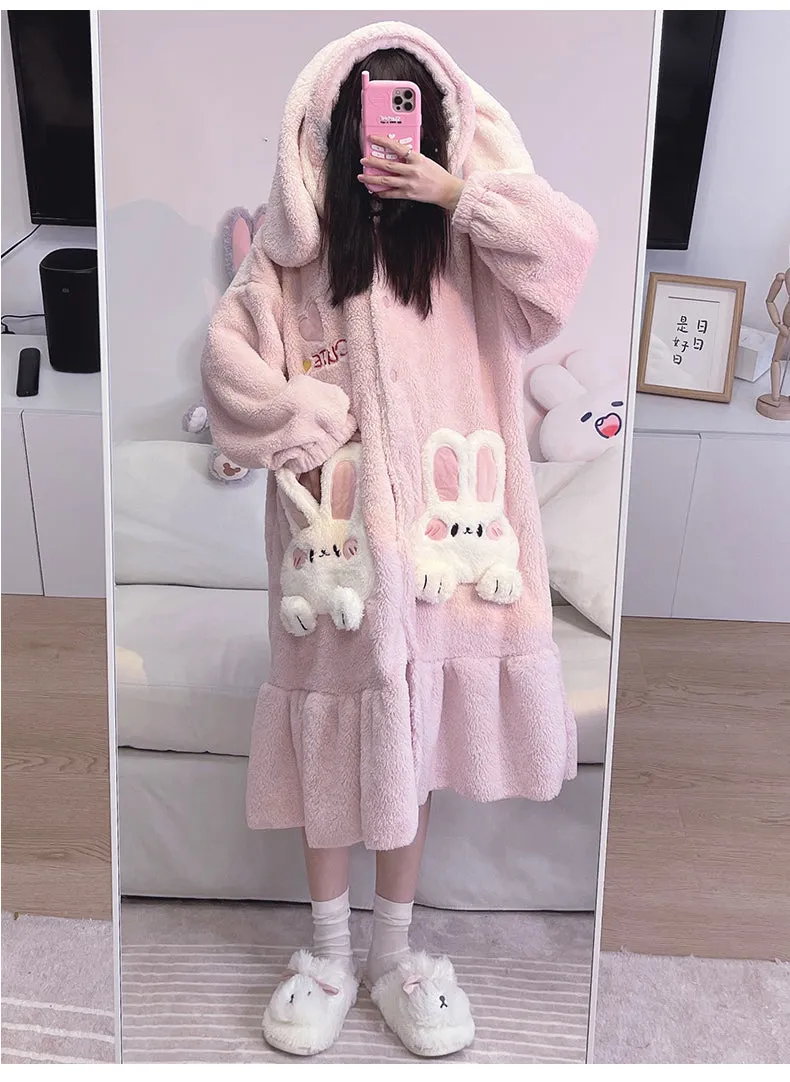 Pink Purple Rabbit Thick Plush Fleece Winter Pajamas Bathrobe & Pants Set