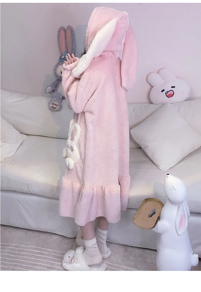 Pink Purple Rabbit Thick Plush Fleece Winter Pajamas Bathrobe & Pants Set