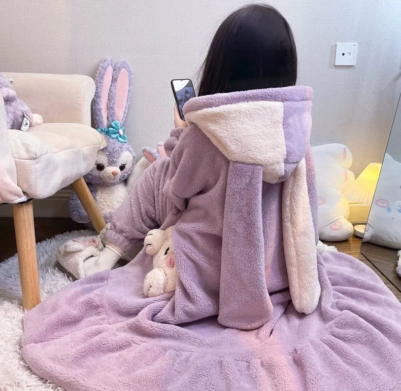 Pink Purple Rabbit Thick Plush Fleece Winter Pajamas Bathrobe & Pants Set