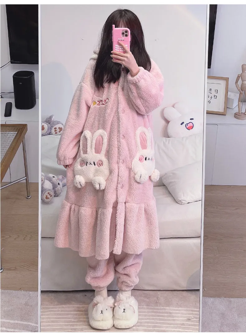 Pink Purple Rabbit Thick Plush Fleece Winter Pajamas Bathrobe & Pants Set