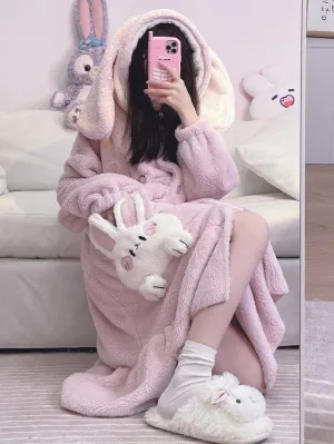 Pink Purple Rabbit Thick Plush Fleece Winter Pajamas Bathrobe & Pants Set