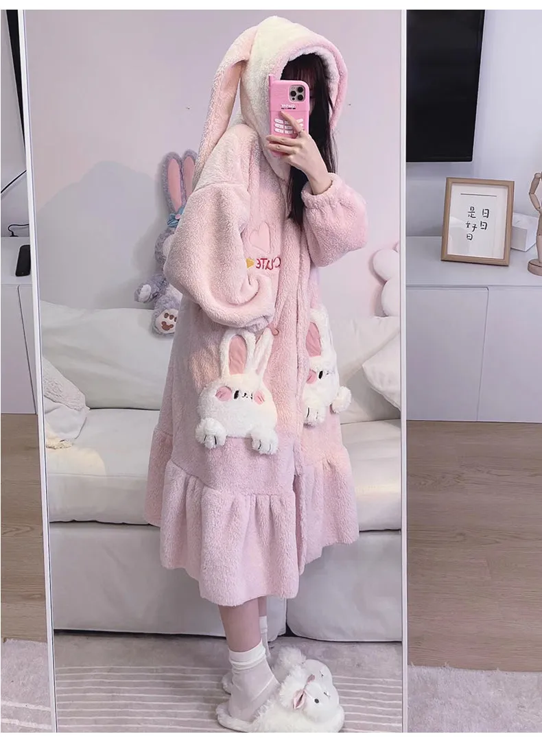 Pink Purple Rabbit Thick Plush Fleece Winter Pajamas Bathrobe & Pants Set