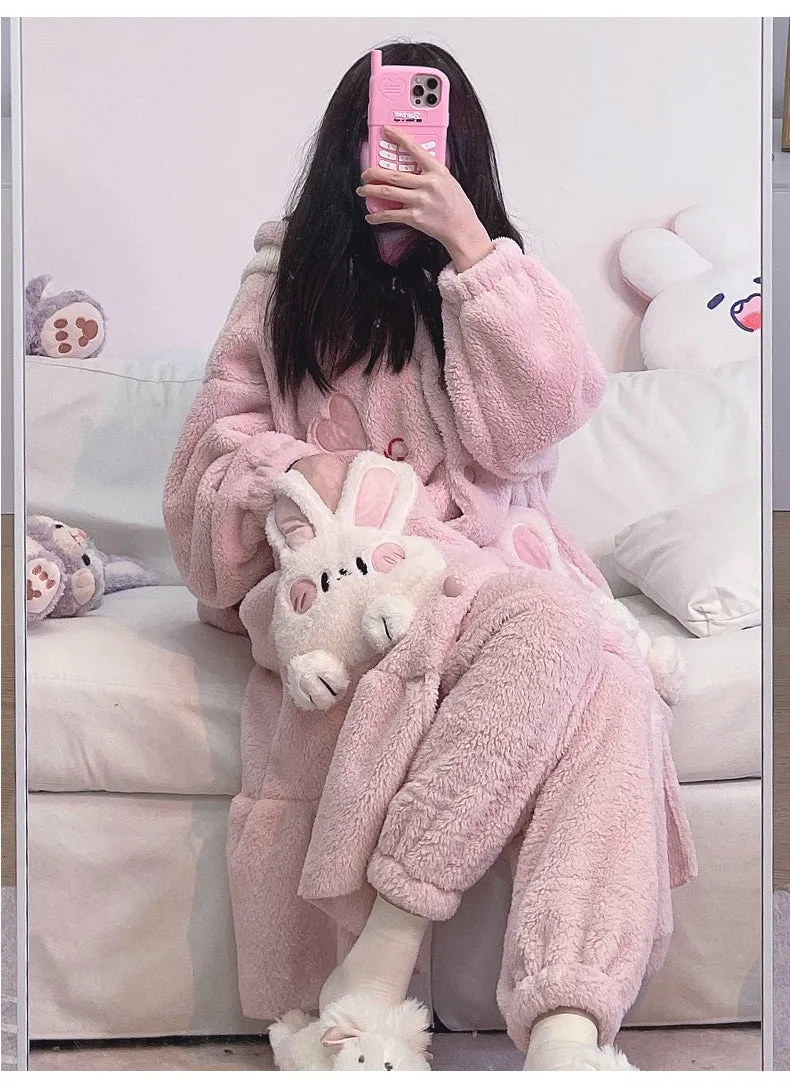 Pink Purple Rabbit Thick Plush Fleece Winter Pajamas Bathrobe & Pants Set