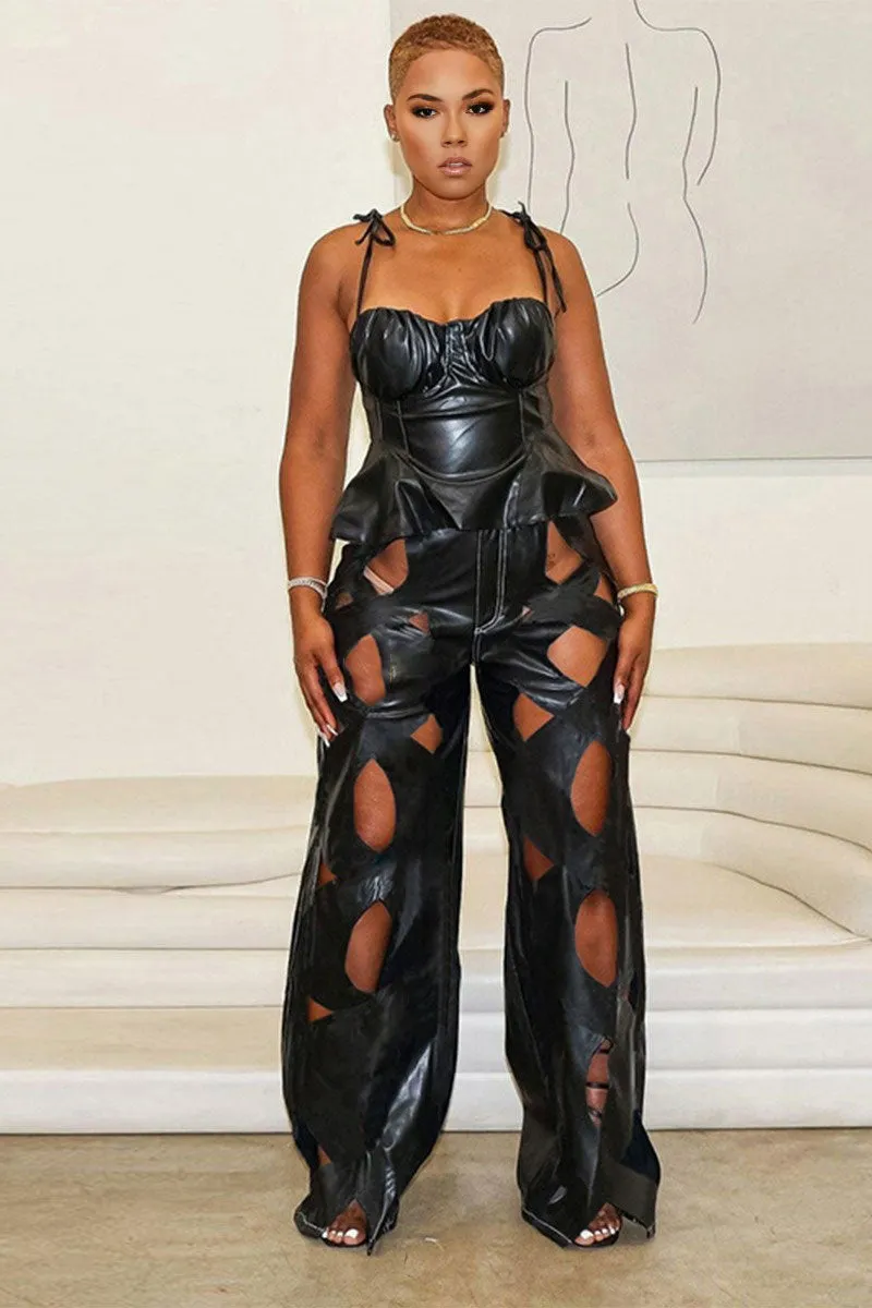 PJ0464 Cutouts Faux Leather Pants