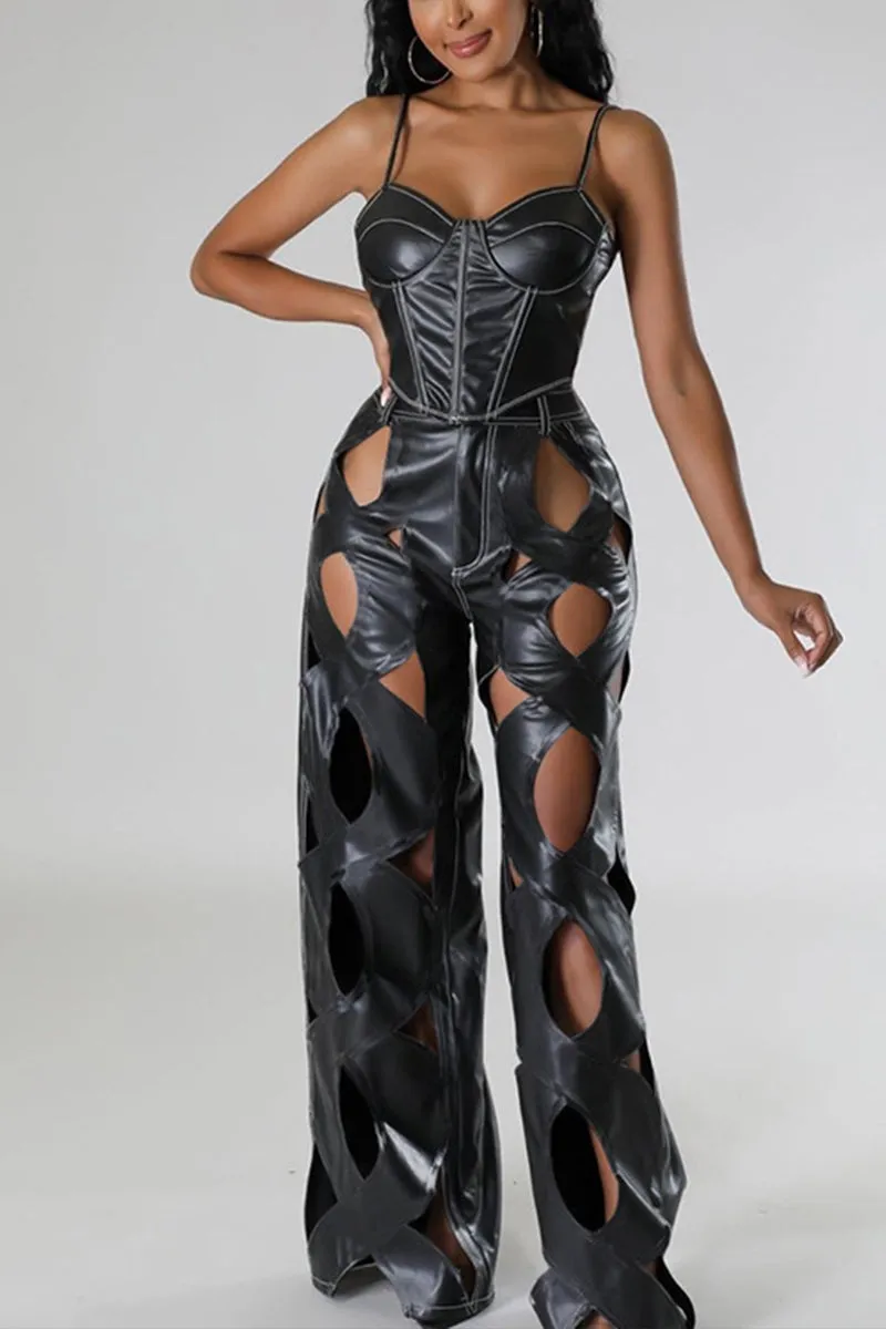 PJ0464 Cutouts Faux Leather Pants