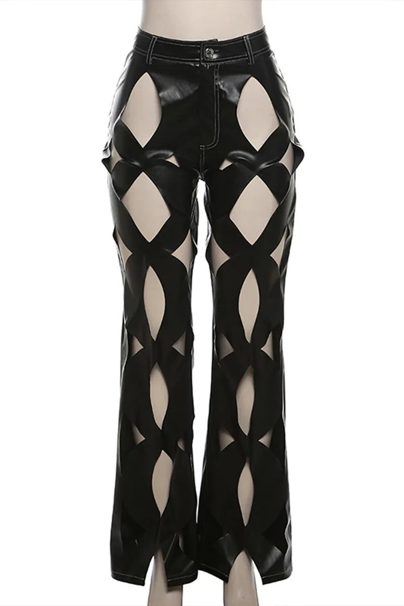 PJ0464 Cutouts Faux Leather Pants