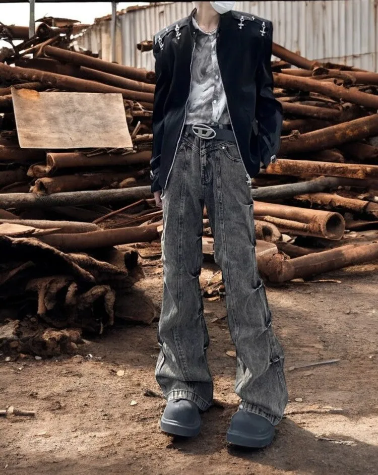 Pleated Stacked Long Denim Jeans