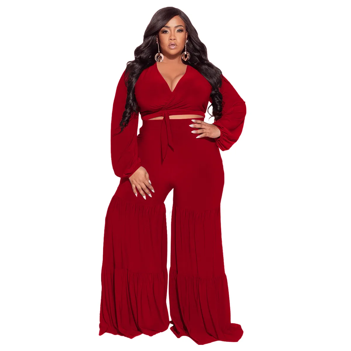 Plus Size V-Neck Wrap Top and High Waist Flare Pants Set