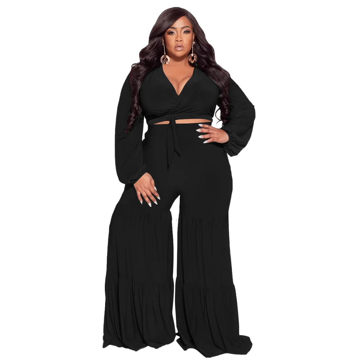 Plus Size V-Neck Wrap Top and High Waist Flare Pants Set