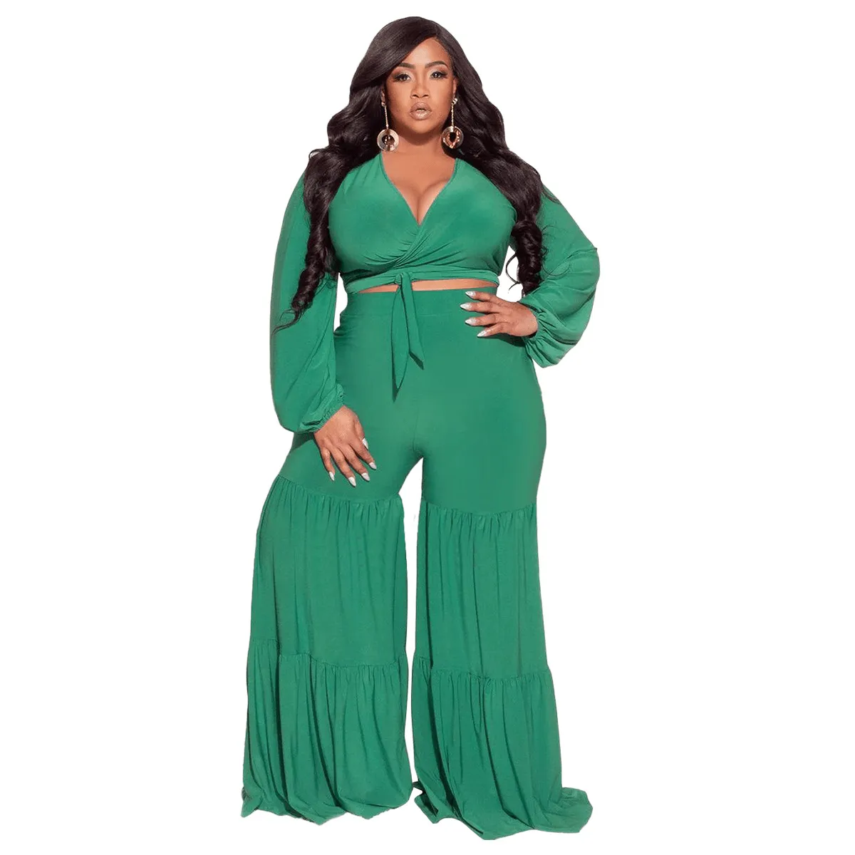 Plus Size V-Neck Wrap Top and High Waist Flare Pants Set
